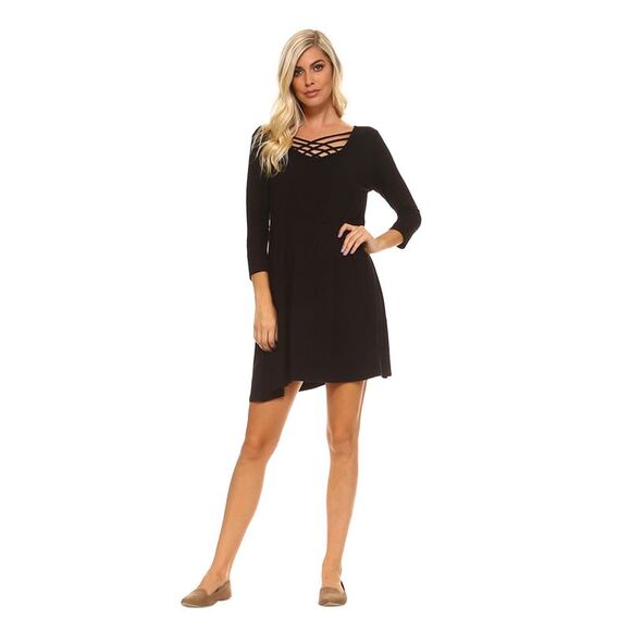Black Knit Criss Cross Neckline Swing Dress - Picture 4 of 4